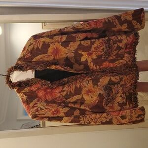 Chico's 0 floral tweed jacket open front fray trim front pockets silk collarless